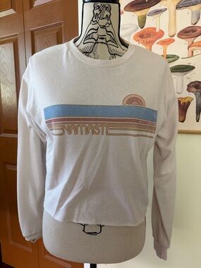 Spiritual Gangster White Crewneck Sweater with Blue & Brown Graphic